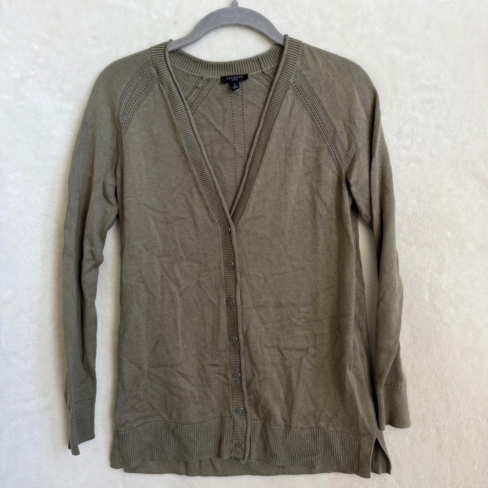 Talbots Petite Olive Green V Neck Button Cardigan Pointelle Trim Womens Sz P